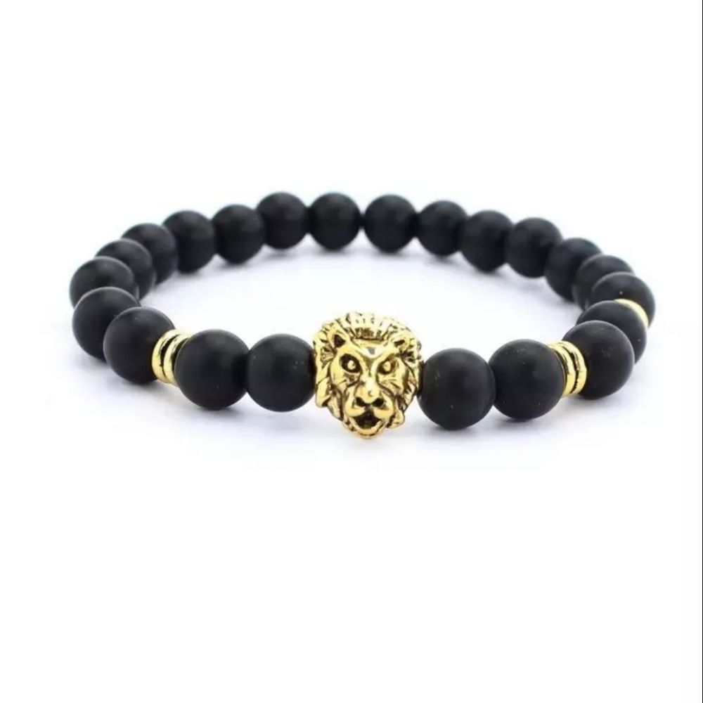 Black Matte stone beaded lion Head bracelet